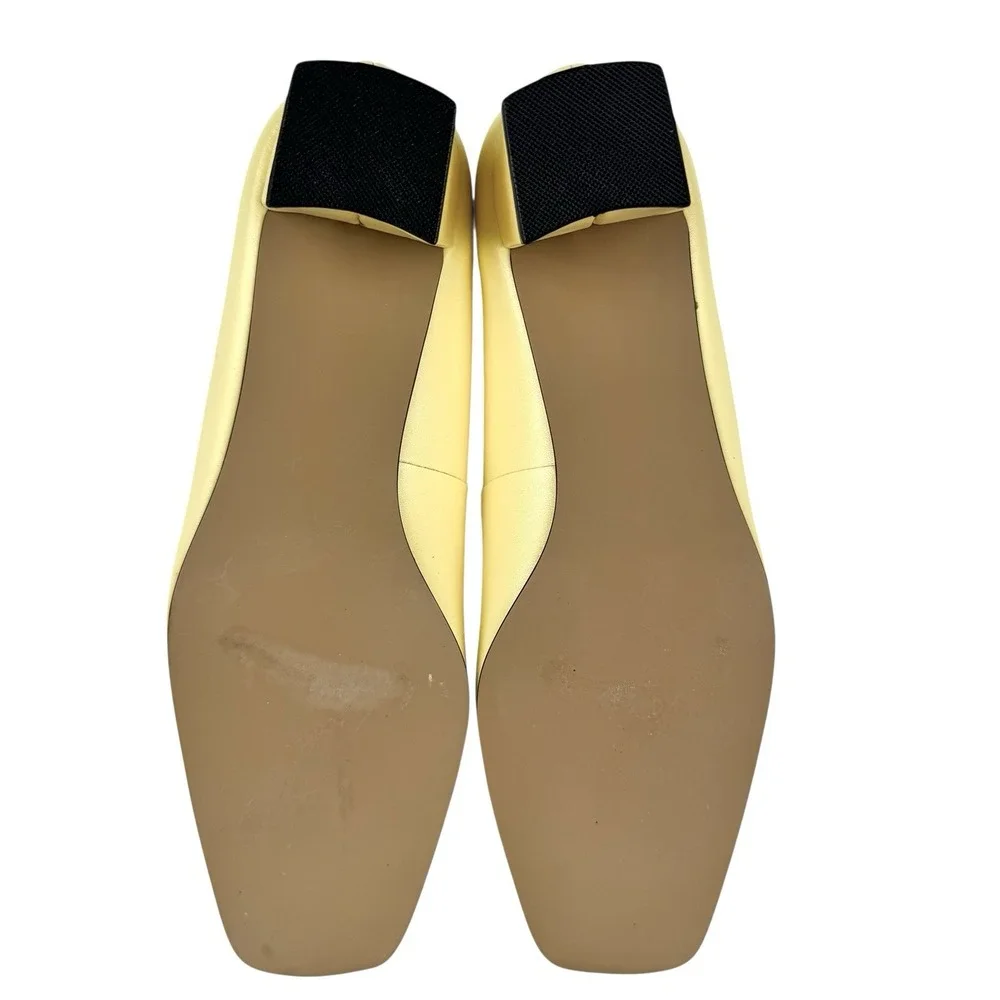 Retro Square Toe‎ Leather Heels 7.5W Pastel Yellow Block Heel 60's Mod Office